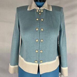 Vintage STJOHN Marie Gray Cropped Two tone Teal Beige Satana Knit Blazer Jacket
